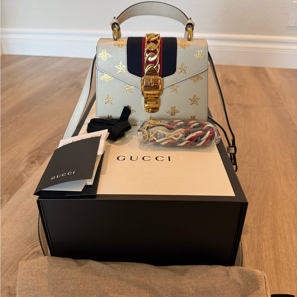 Gucci Sylvie Top Handle Cream and Gold Mini Bag